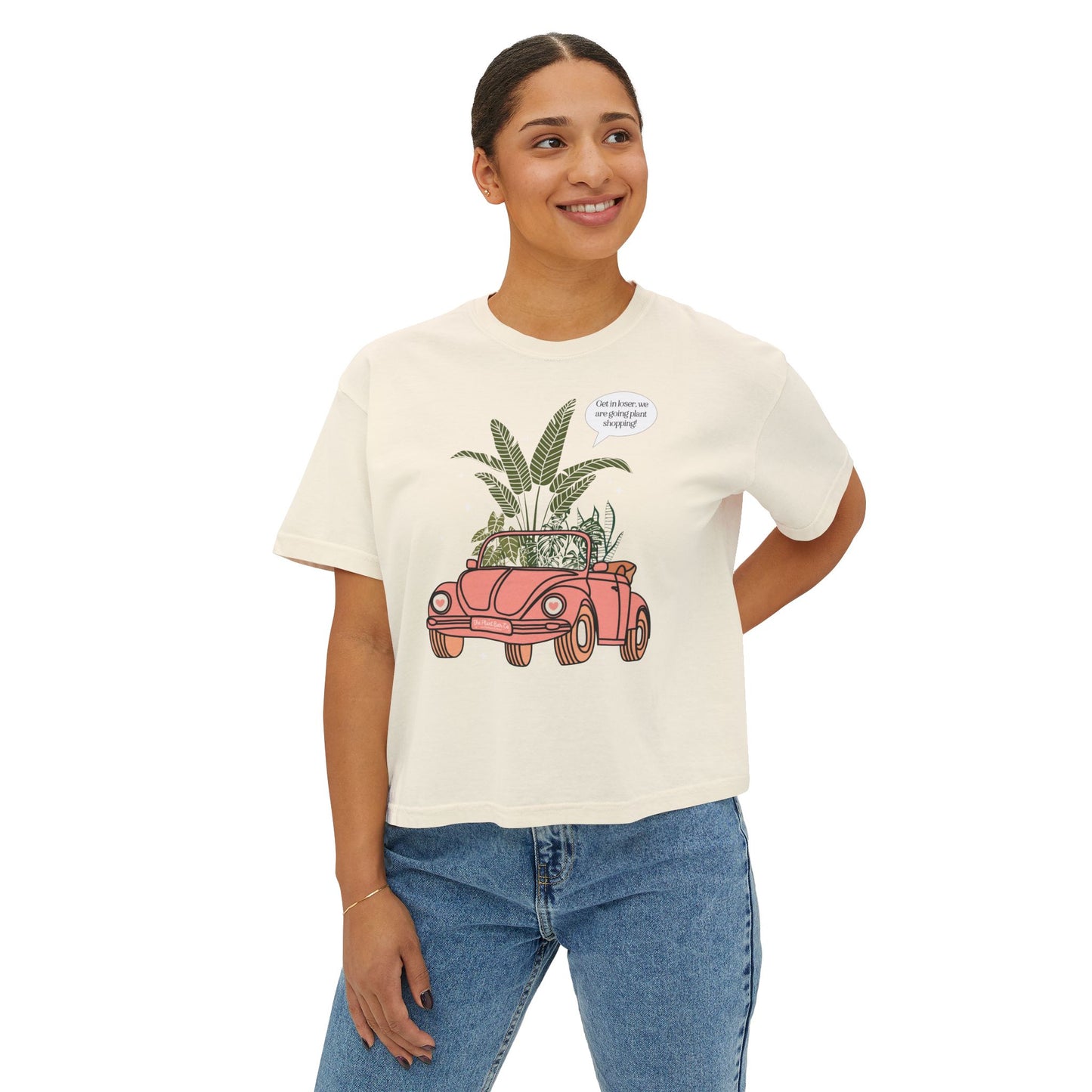 Women's Boxy Tee - Vintage Car & Tropical Plants Design - Perfect for Summer Adventures